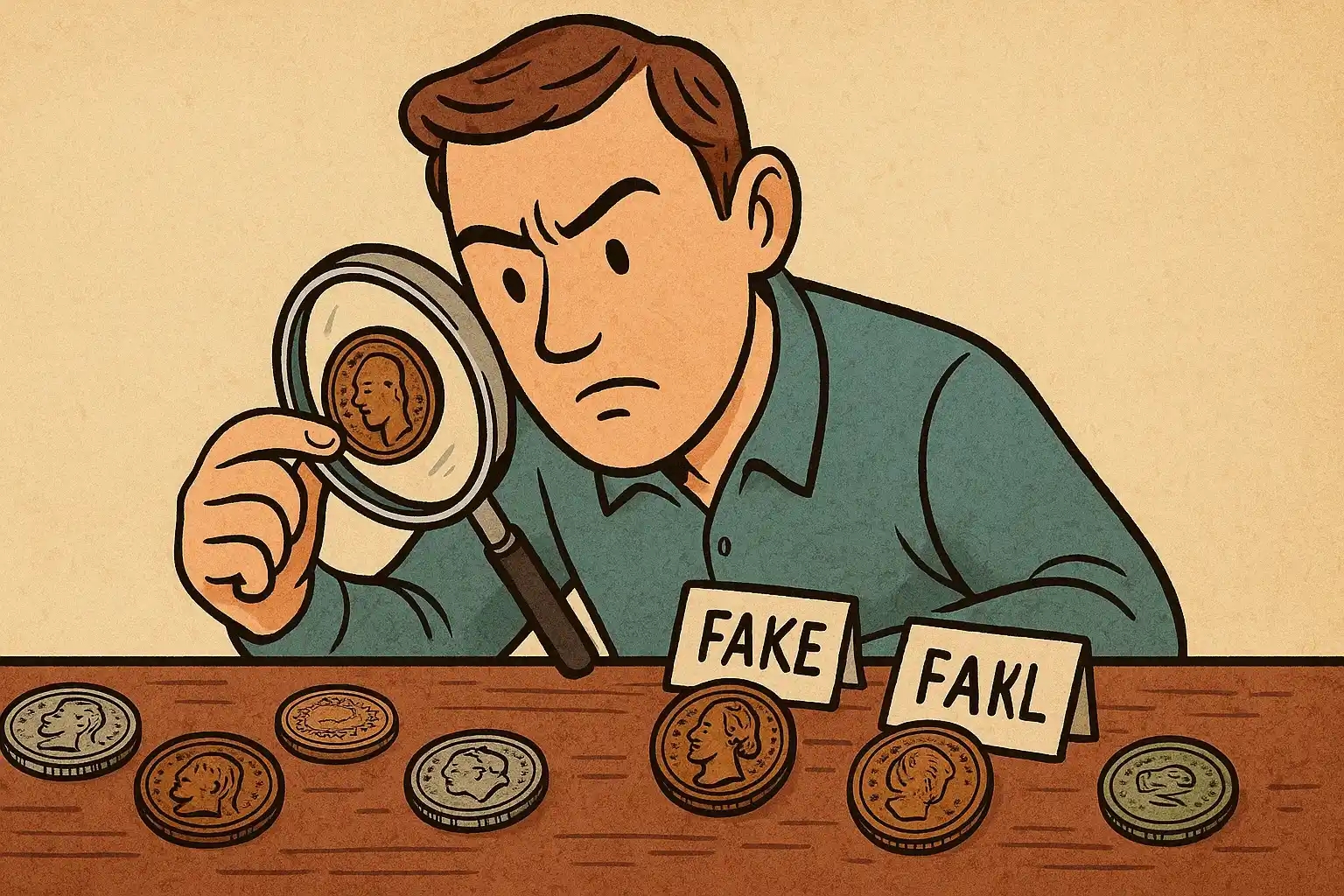 A man is examining antique coins, trying to see whether they are fake or real.