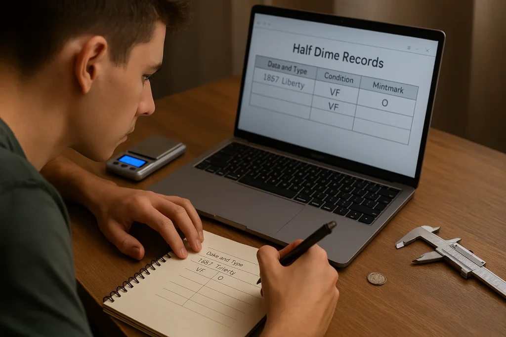 A teenage collector records details of a half dime in a notebook while referencing data on a laptop, with digital tools like a scale and caliper on the table.