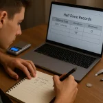 A teenage collector records details of a half dime in a notebook while referencing data on a laptop, with digital tools like a scale and caliper on the table.