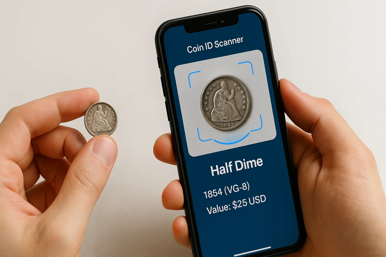 A person scans a half dime using the Coin ID Scanner app, which instantly identifies the coin and displays its value (and other details) on the smartphone screen.