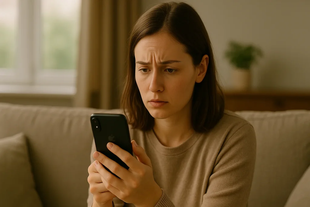 A woman sits on a couch at home, staring at her phone with visible confusion and worry, trying to understand why her messages aren't going through.