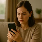 A woman sits on a couch at home, staring at her phone with visible confusion and worry, trying to understand why her messages aren't going through.