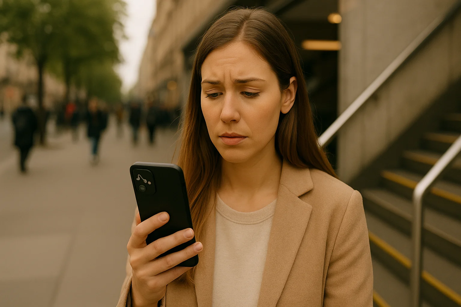 A young woman stands on a busy city street, looking at her phone with concern after noticing a “No Signal” icon on her screen.