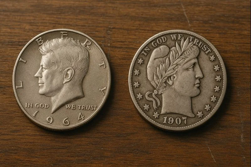 A Kennedy half dollar and a Barber half dollar lie side by side, highlighting the contrast in portrait style, strike detail, and surface behavior between the two series.