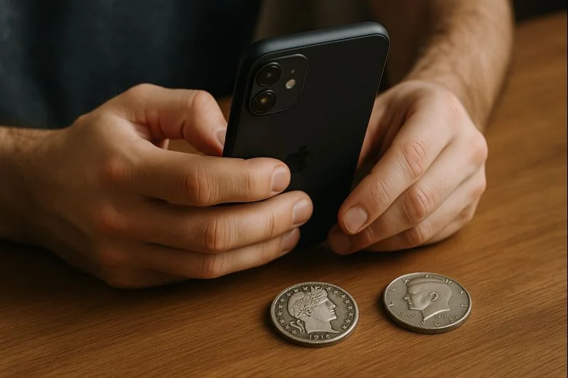 A collector holds his phone above a Barber and a Kennedy half dollar, preparing to photograph the coins for closer identification and comparison of their design and metal characteristics.