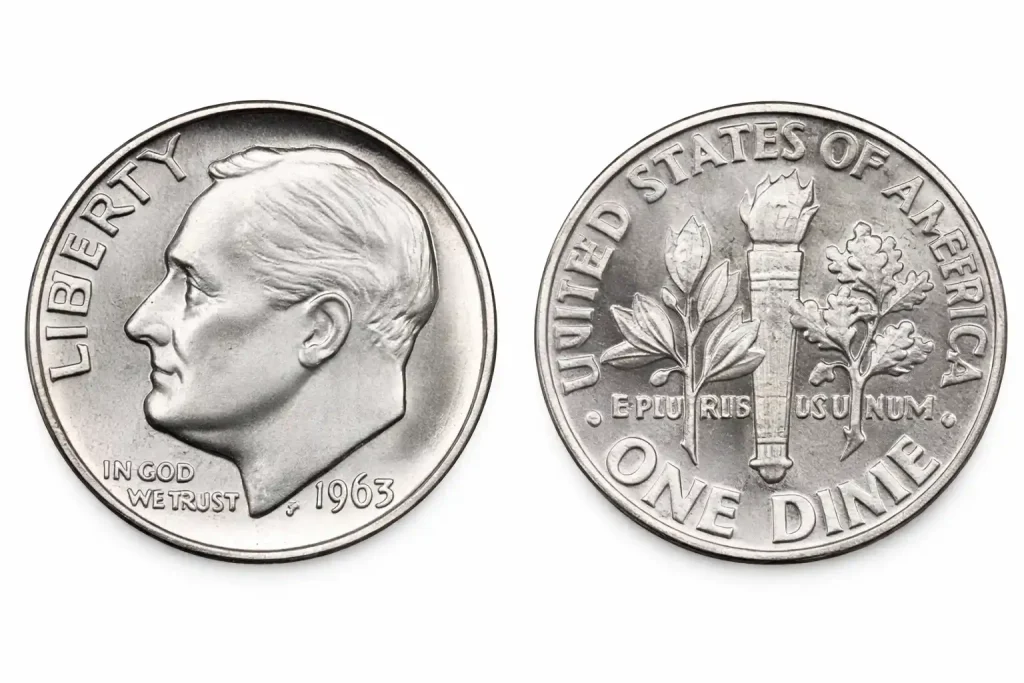 Obverse and reverse of a 1963 Roosevelt dime.