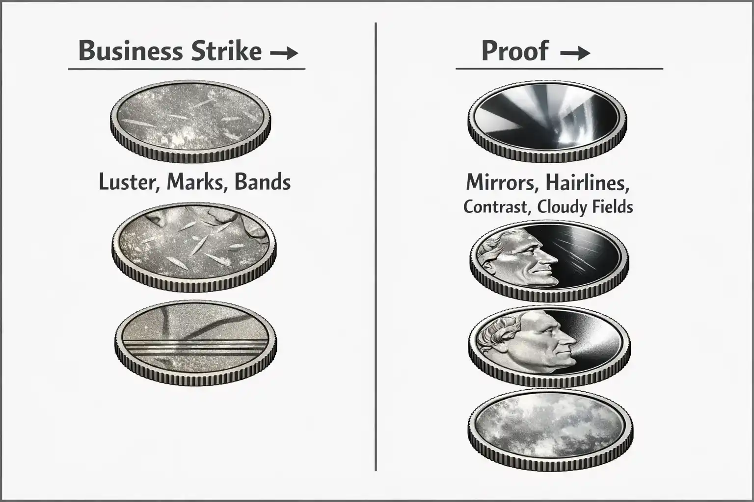 Infographic comparing business and proof strikes and showing what to check on Roosevelt dime surfaces.